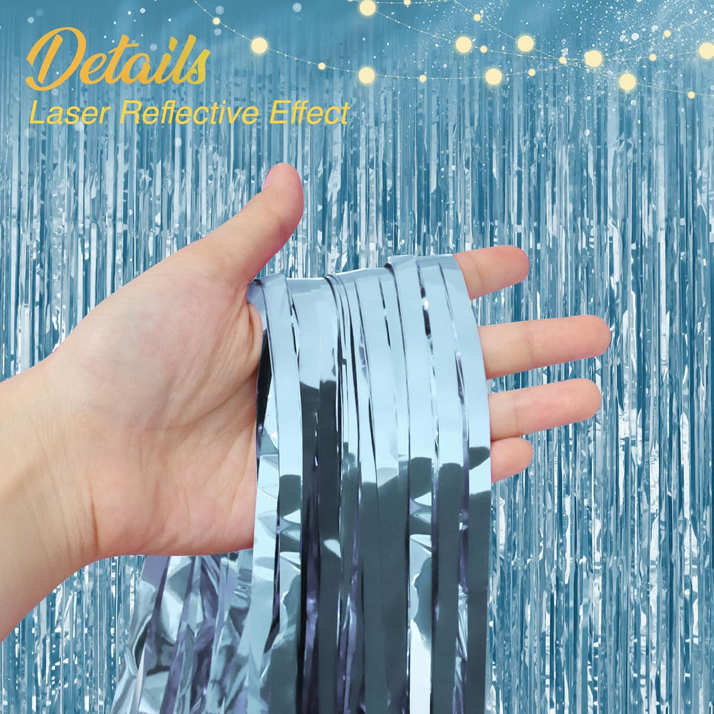 Skiennix Light Blue Fringe Backdrop - 3.2x8.2ft Shining Foil Tinsel Curtains for Parties & Events