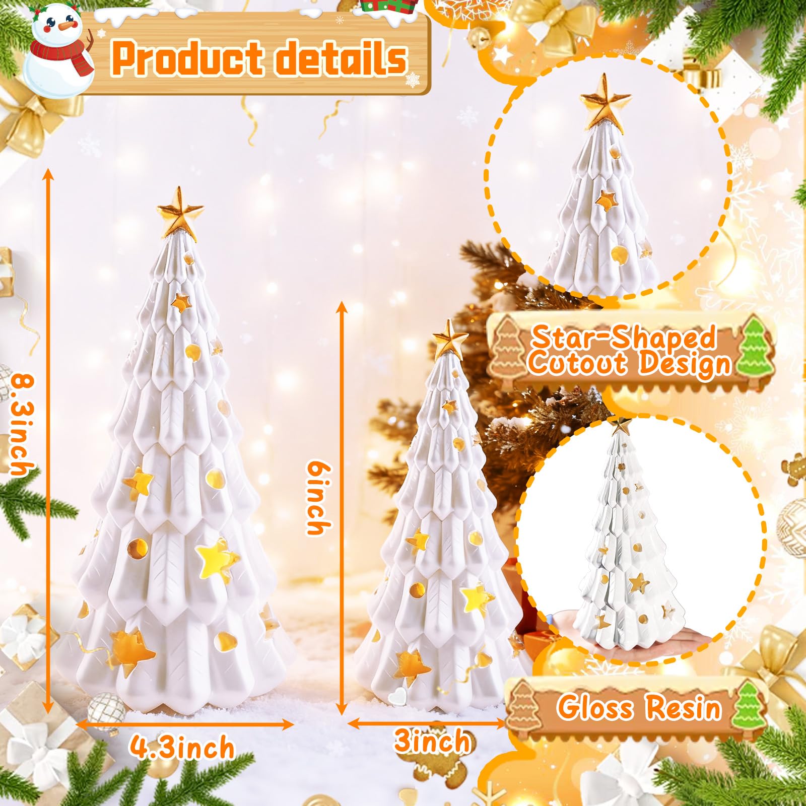 Wowagoga 2 Pcs White Christmas Tree Figurines, Small Xmas Tree with Glossy Finish Table Centerpiece Decor Stars and Dots Cutouts for Home Decoration