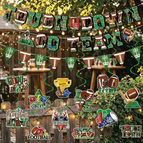 MABROUC 39PCS Football Party Decorations Kit, Tailgate & Football Birthday Party Game Day Supplies with TOUCH DOWN&GO TEAM Banner adn Swirl Streamers