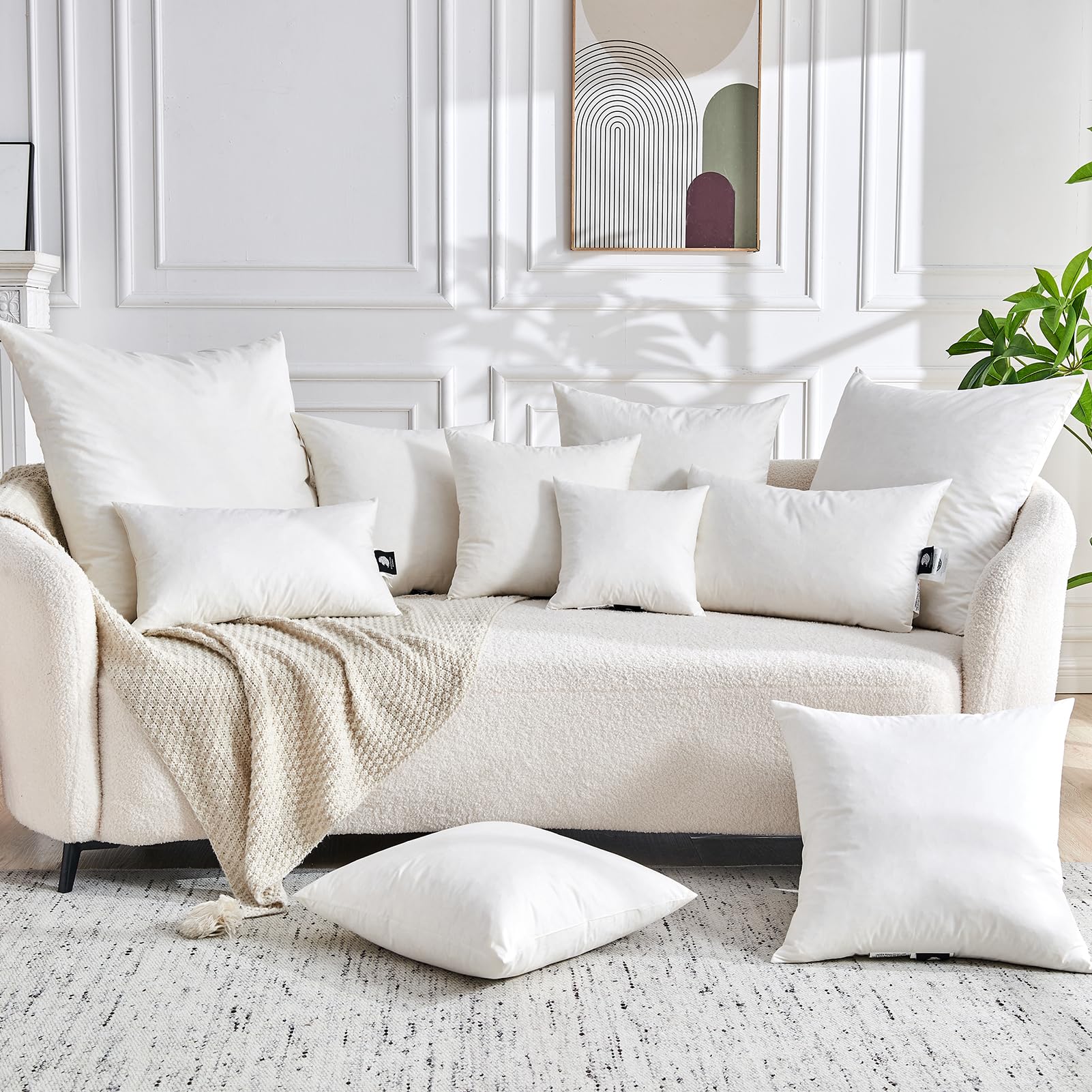 TOPGREEN Feathers Down Throw Pillow Inserts 28x28, Set of 2, 100% Organic Cotton Shell, Soft Decorative Euro Pillow Insert for Living Room Sofa, Couch, or Bed (White)