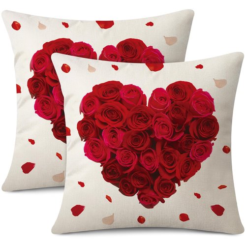 Gujiahone Valentine's Day Pillow Covers 18X18 Inch Set of 2 Red Rose Heart Anniversary Wedding Decorative Square Linen Cushion Case for Sofa Couch Bed