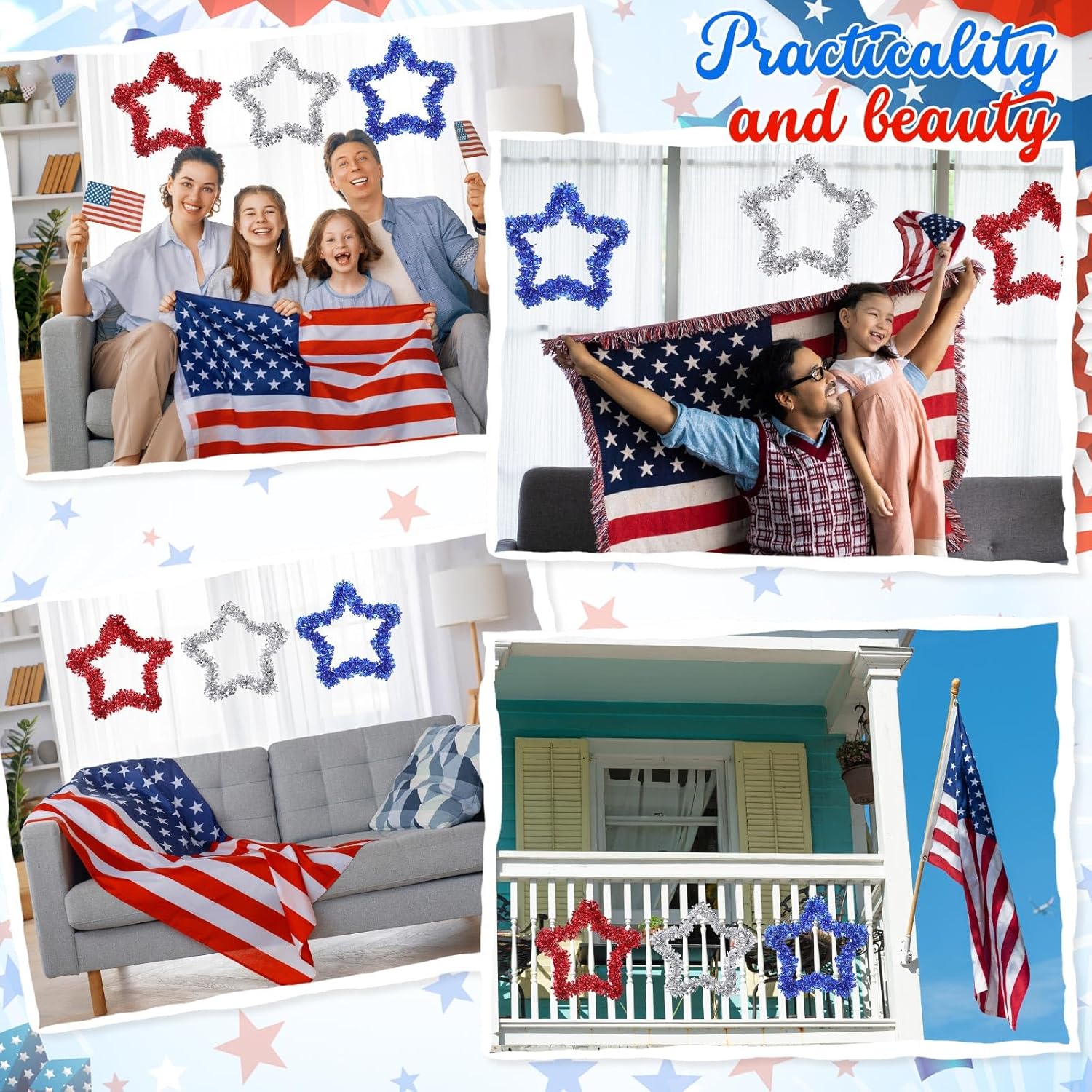 Patriotic Tinsel Wreath by [Brand Name] - 3 Pcs Red, White & Blue Decor for Independence Day & Memorial Day