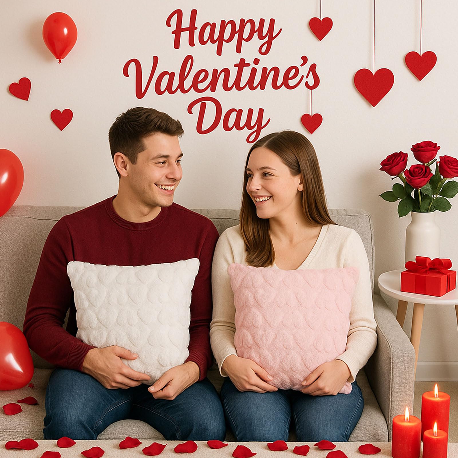 Valentines Day Throw Pillow Covers 18×18 Set of 4 – Heart Pattern Decorative Cushion Case, Soft Plush Textured Accent Pillow Covers for Living Room Sofa Bed Couch Bedroom Home Decor, Pink and White