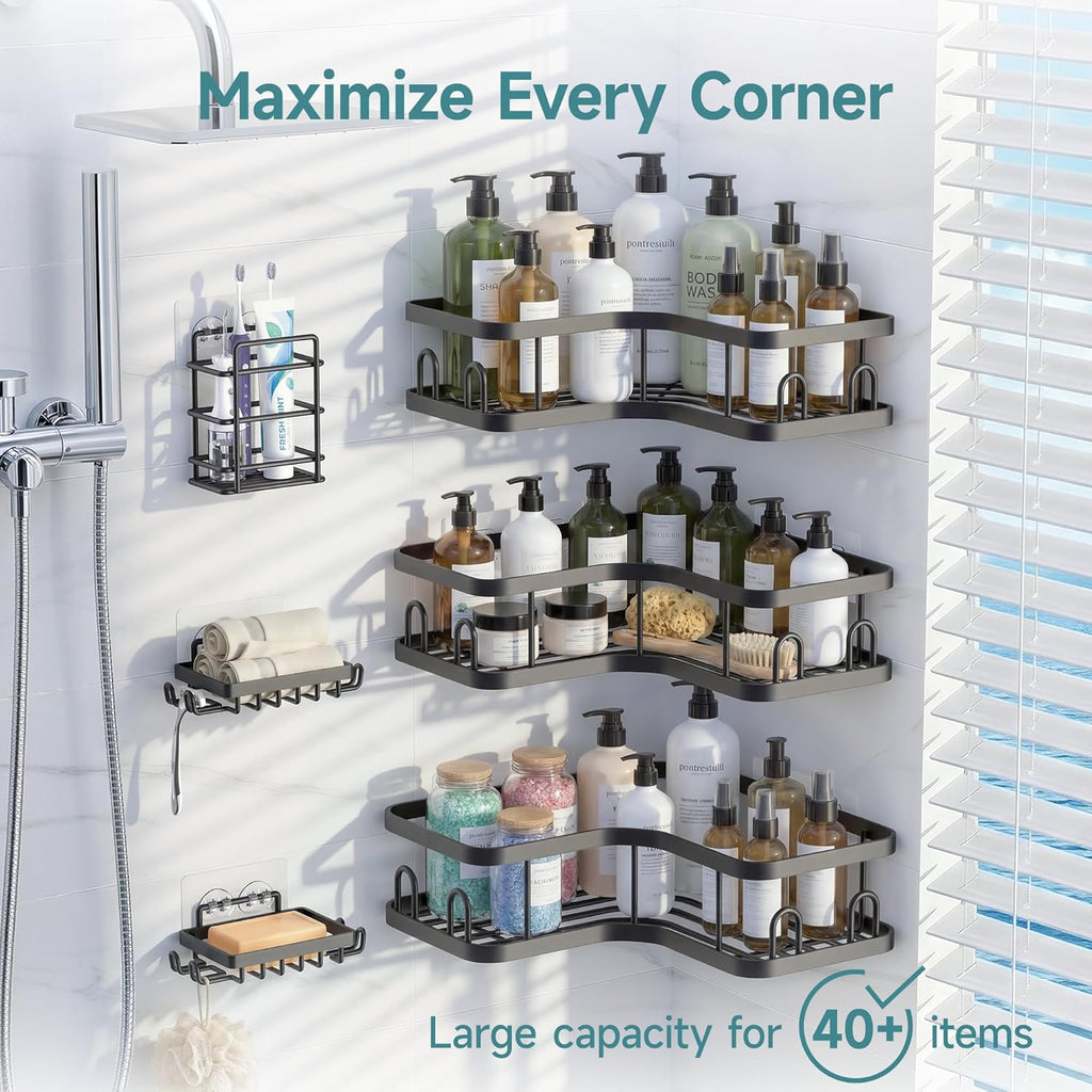 Veken Corner Shower Caddy - Rustproof No-Drill Adhesive Shelves & Soap Holder | Large Capacity, Black