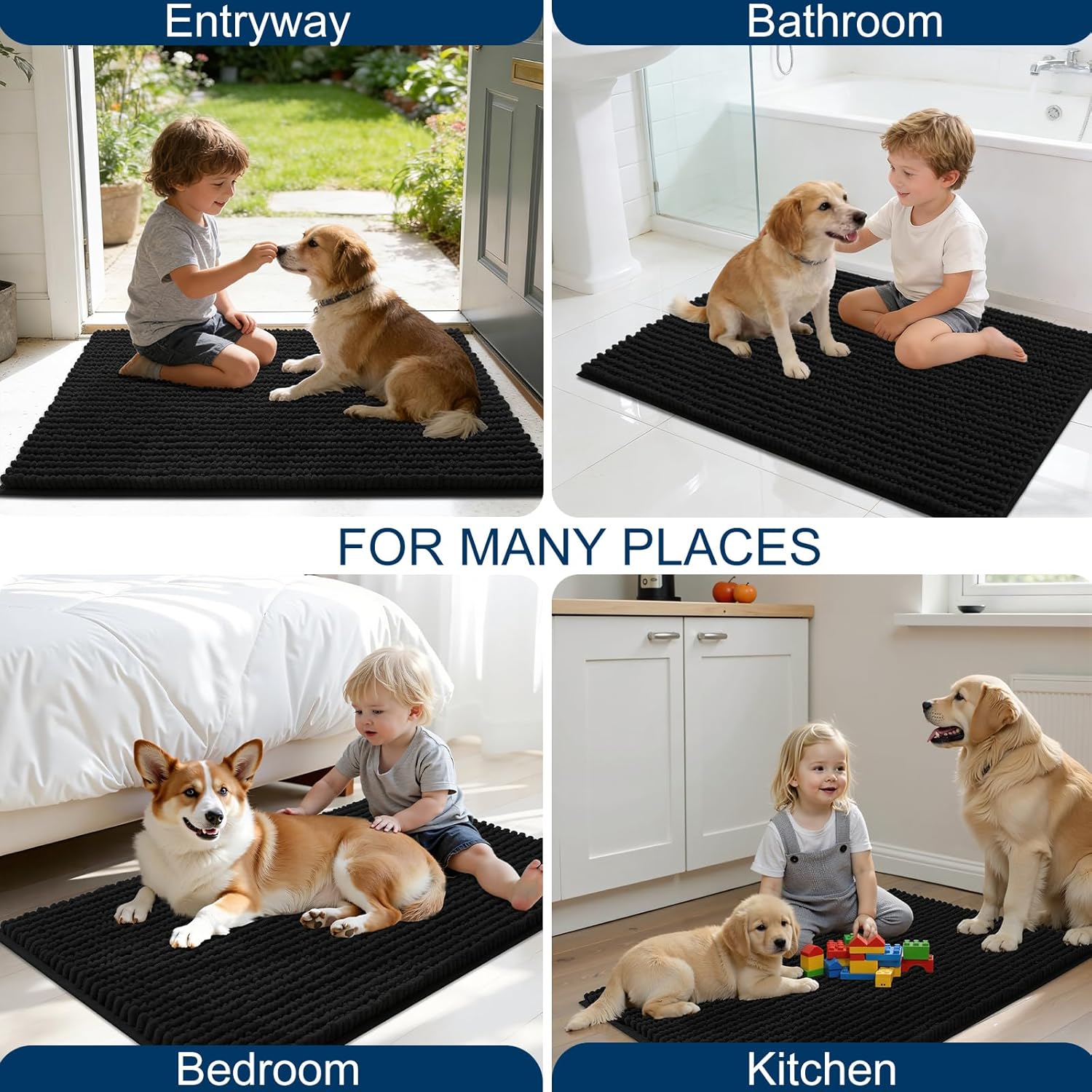 OLANLY Dog Door Mat - Ultra Absorbent Chenille Mud Doormat | Non-Slip, Washable, 30x20, Black