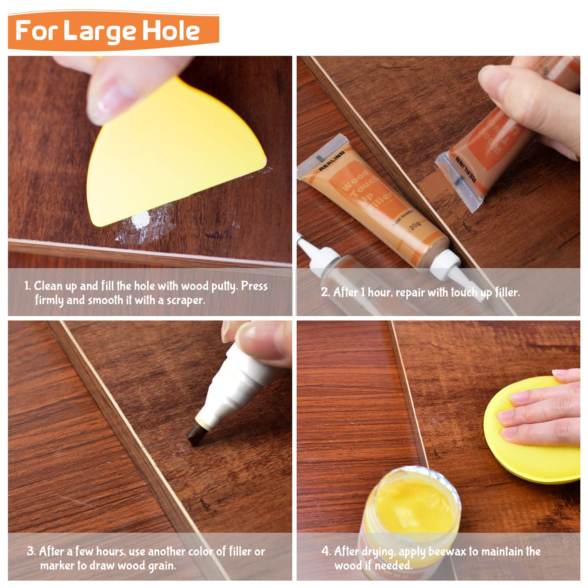 REALINN Wood Furniture Repair Kit- Set of 28 - Touch Up Markers, Fillers with Wood Putty - Repair Scratch, Cracks, Hole, Discoloration for Wooden Door, Floor, Table, Cabinet