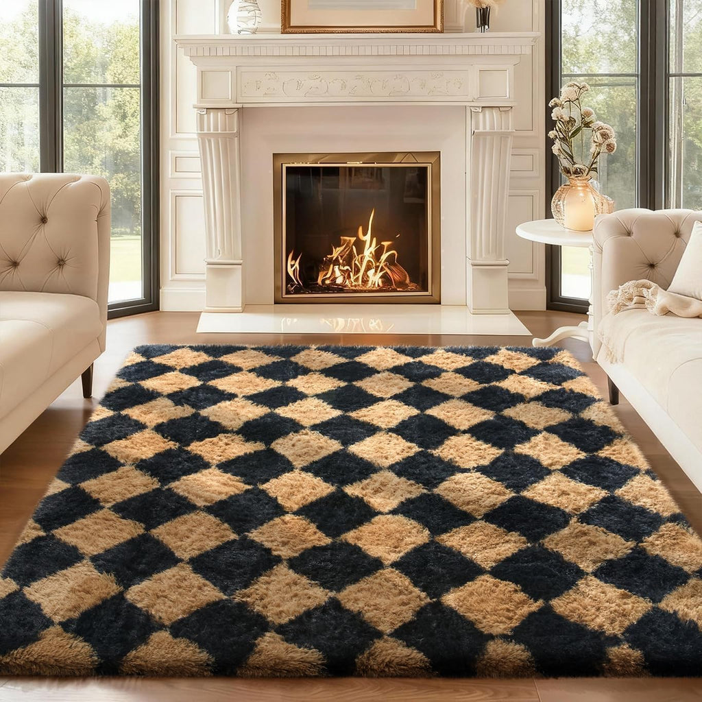 Ophanie Checkered Black & Beige Area Rug - Soft Fluffy Shaggy Carpet for Living Room & Bedroom | 4x6 Furry Design