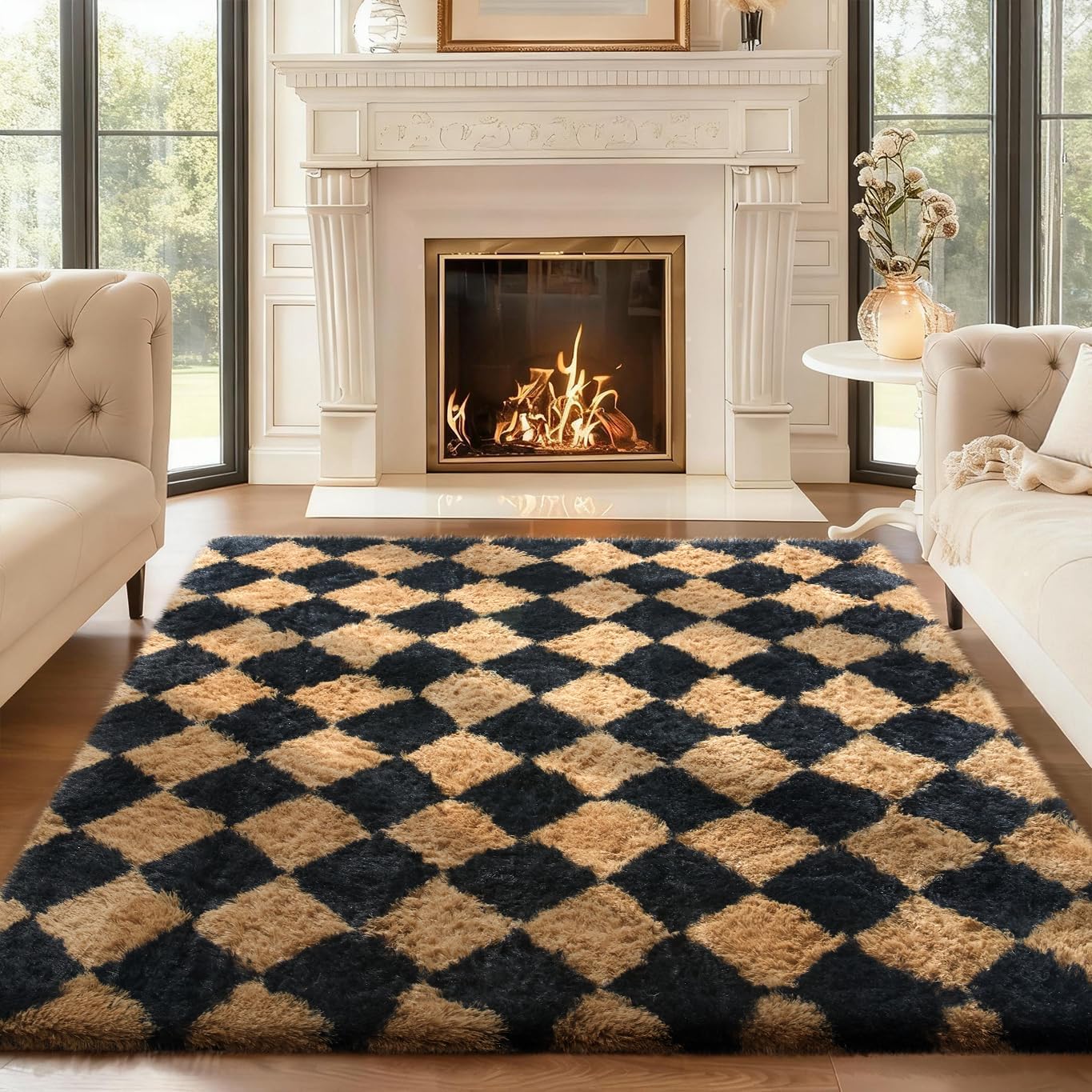 Ophanie Checkered Black & Beige Area Rug - Soft Fluffy Shaggy Carpet for Living Room & Bedroom | 4x6 Furry Design