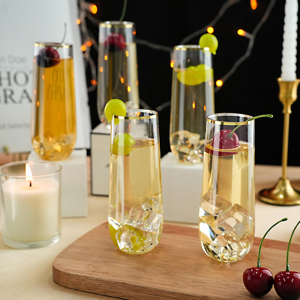 Bestluck 48 Pack 9 oz Stemless Plastic Champagne Flutes, Clear Disposable Champagne Glasses Gold Rim, Shatterproof and BPA-Free Drinkware for Party & Graduation & Wedding