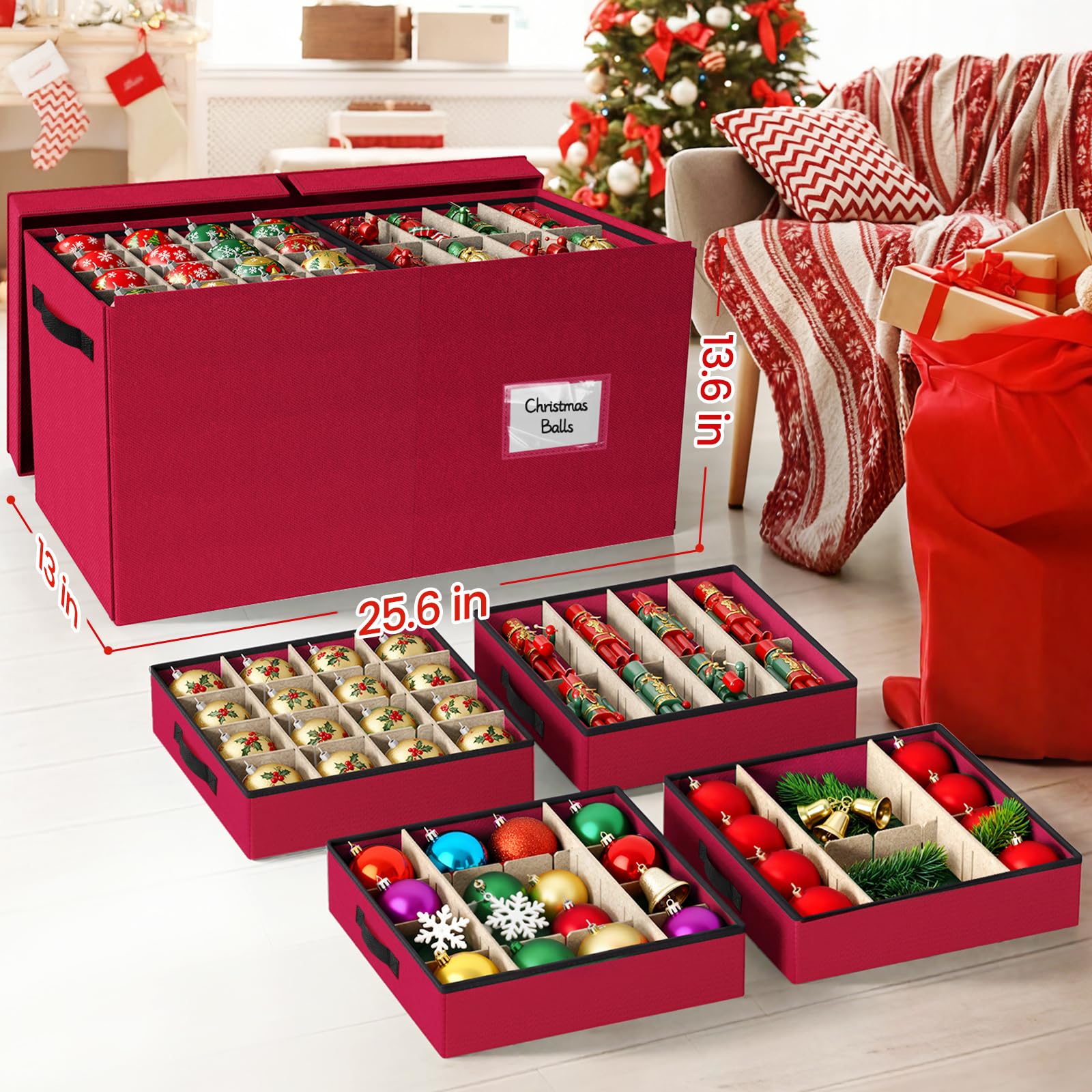 StorageRight Christmas Ornament Storage Box - Ultra Large Drawer Ornament Organizer with 8 Separate Trays & Adjustable Dividers, Portable Ornaments Box with Cover & Handle for Holiday Decorations(Red)