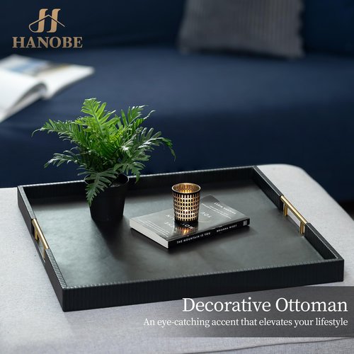 Hanobe Ottoman Coffee Table Tray: Large Decorative Tray Black Leather with Metal Handles for Modern Living Room Home Decor Organized Centerpiece Topper Display Square
