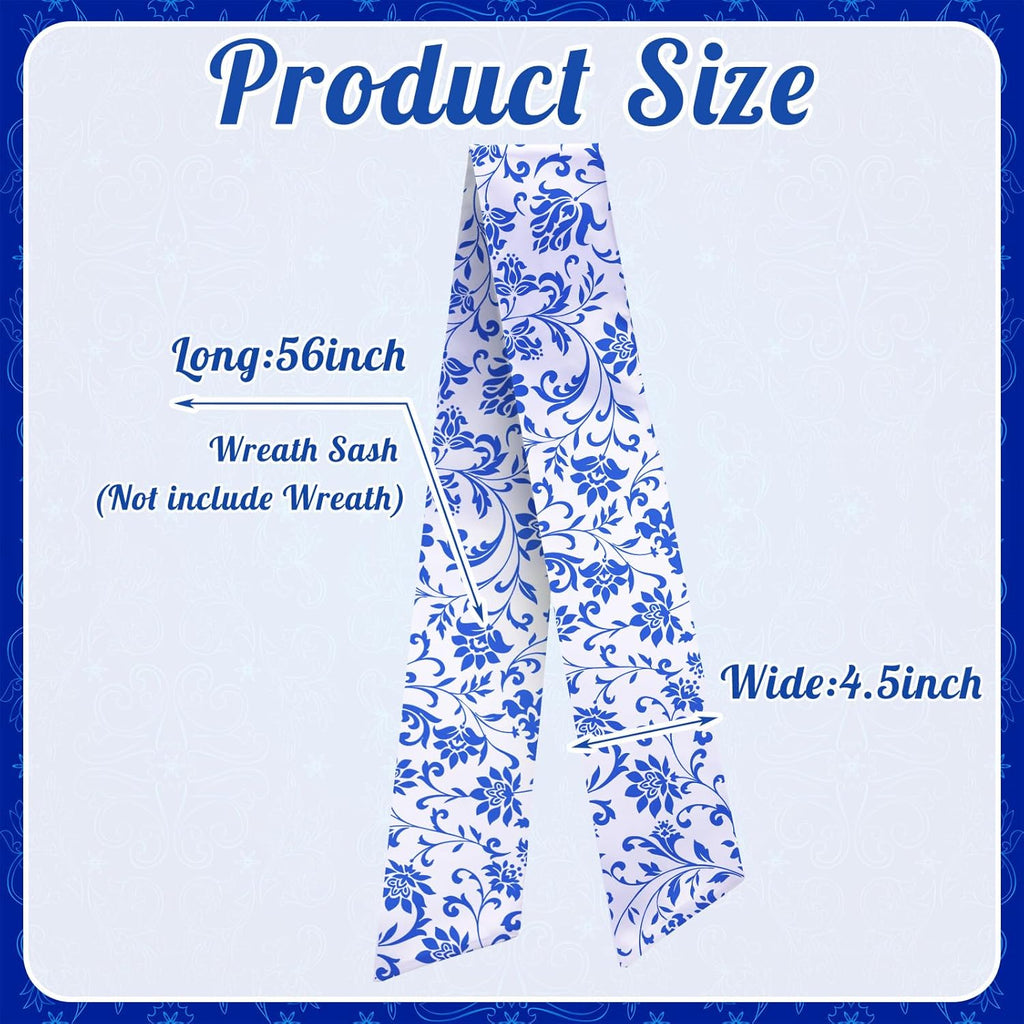 VitalCozy Wreath Sash - 2 Pcs Garland Ribbon Accessories for Indoor/Outdoor Decor | 4.5" W x 56" L (Blue, Chinoiserie)