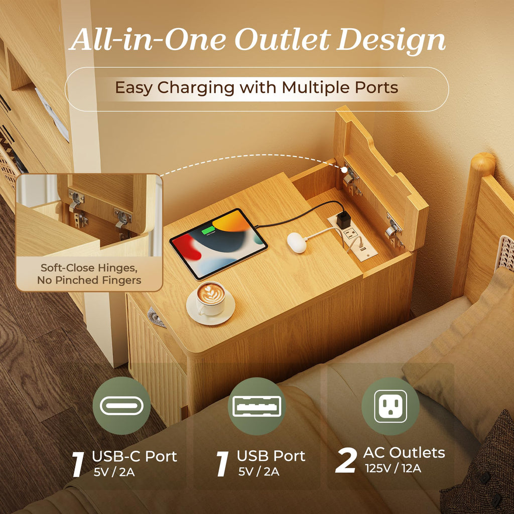 Huuger Narrow End Table with Charging Station, USB-C Port, Fluted Nightstand with Storage Cabinet, Back Rack, Side Table for Small Spaces, 13.4 × 23.6 Inch Night Stand with Storage, Natural
