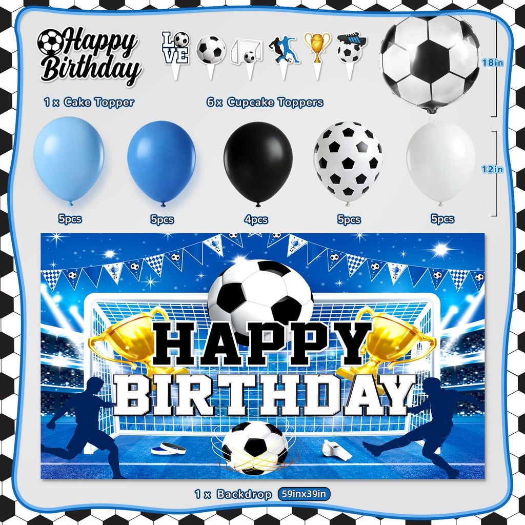 Soccer Birthday Party Decorations, 44Pcs Soccer Party Decorations with Happy Birthday Backdrop Tablecloth Foil & Latex Balloons and Cake Toppers Honeycomb Centerpieces for Boys’ Sports Party Supplies