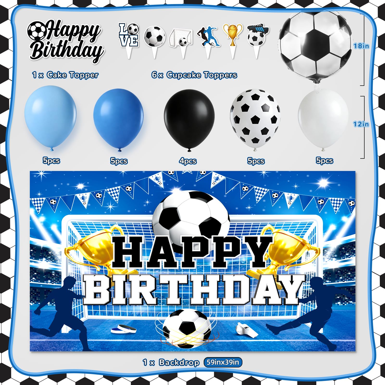 Soccer Birthday Party Decorations, 44Pcs Soccer Party Decorations with Happy Birthday Backdrop Tablecloth Foil & Latex Balloons and Cake Toppers Honeycomb Centerpieces for Boys’ Sports Party Supplies