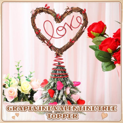 Gejoy 7 Inch Valentine Tree Topper Heart Tree Topper Rustic Rattan Treetop Valentines Love Wreath Decor with Red Pink Berry Heart for Valentines Wedding Holiday Party Wall Home Front Door Decor