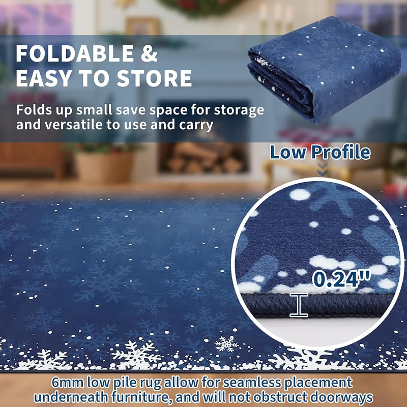 5' x 7' Xmas Snow Blue Non-Slip Area Rug - Machine Washable Holiday Living Room Carpet