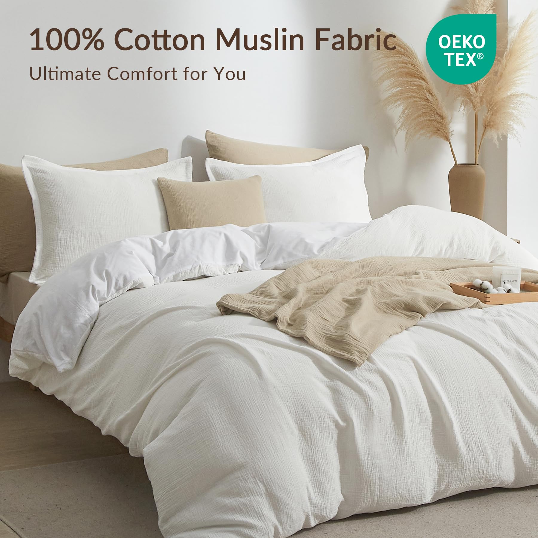 Bailix Muslin Duvet Cover Set Queen Size, 100% Washed Cotton Gauze Duvet Cover for All Seasons, Linen Like, 3 PCS, 1 Fluffy Duvet Cover(90"x90") with 2 Pillow Shams(20"x26"), White