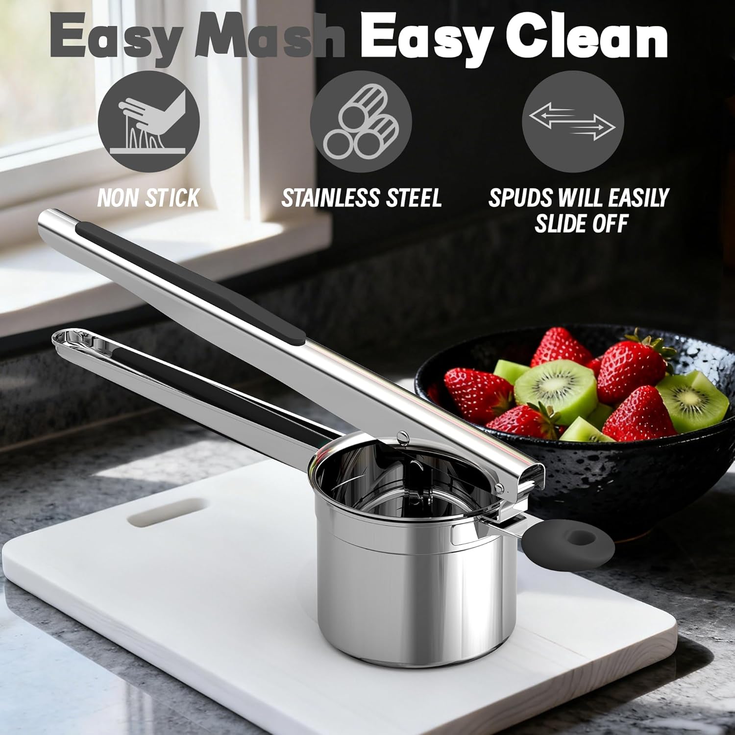 Skiennix Large 15oz Potato Ricer - Heavy Duty Stainless Steel Masher for Baby Food & Spaetzle | Black