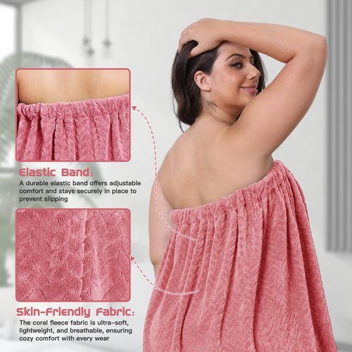 Emdelifo Plus Size Bath Towel Wrap for Women (XXL-XXXXL) with Hair Towel, Oversize Shower Wrap Dress Spa Bathrobe, Comfortable Adjustable Body Wrap, Dry Quickly, 82.68x31.5'', Pink
