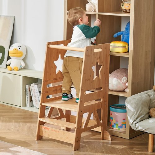 VEVOR Tower Step Stool, 3-Level Height Adjustable Toddler Step Stools for Kids, Bamboo Kitchen Stool, Kids Standing Tower Learning Stool with Safety Rail for Kitchen Counter Bathroom, 350LBS