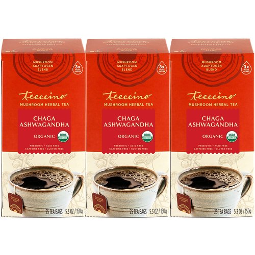 Teeccino Chaga Ashwagandha Herbal Tea - Butterscotch Cream, Organic Mushroom Adaptogenic, Prebiotic, Caffeine Free, Gluten Free - 25 Tea Bags (Pack of 3)