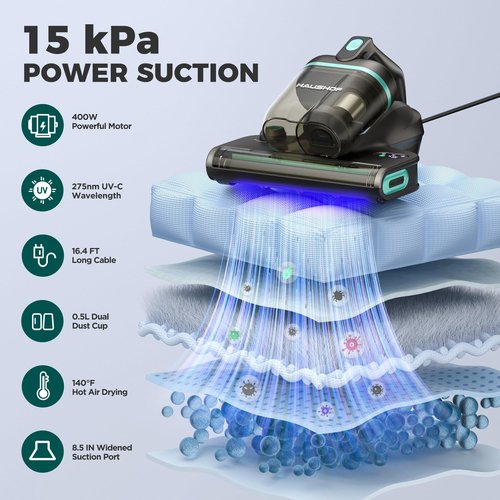 HAUSHOF Mattress Vacuum Cleaner, 15Kpa Bed Vacuum Cleaner with 275nm UV-C Light, 140°F Heat, Aromatherapy, HEPA Filter, Dual Dust Cups, Versatile Handheld Vacuums for Bed, Sofa, Couch, Crib