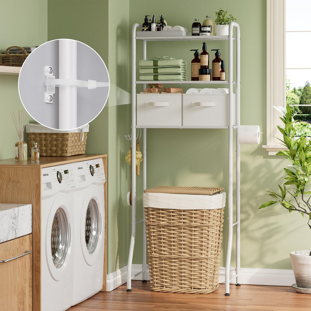 Simple Trending Over The Toilet Storage Rack with Drawers, Metal 3 Tier Bathroom Organizer Shelf with Paper Holder and 3 Hooks, White