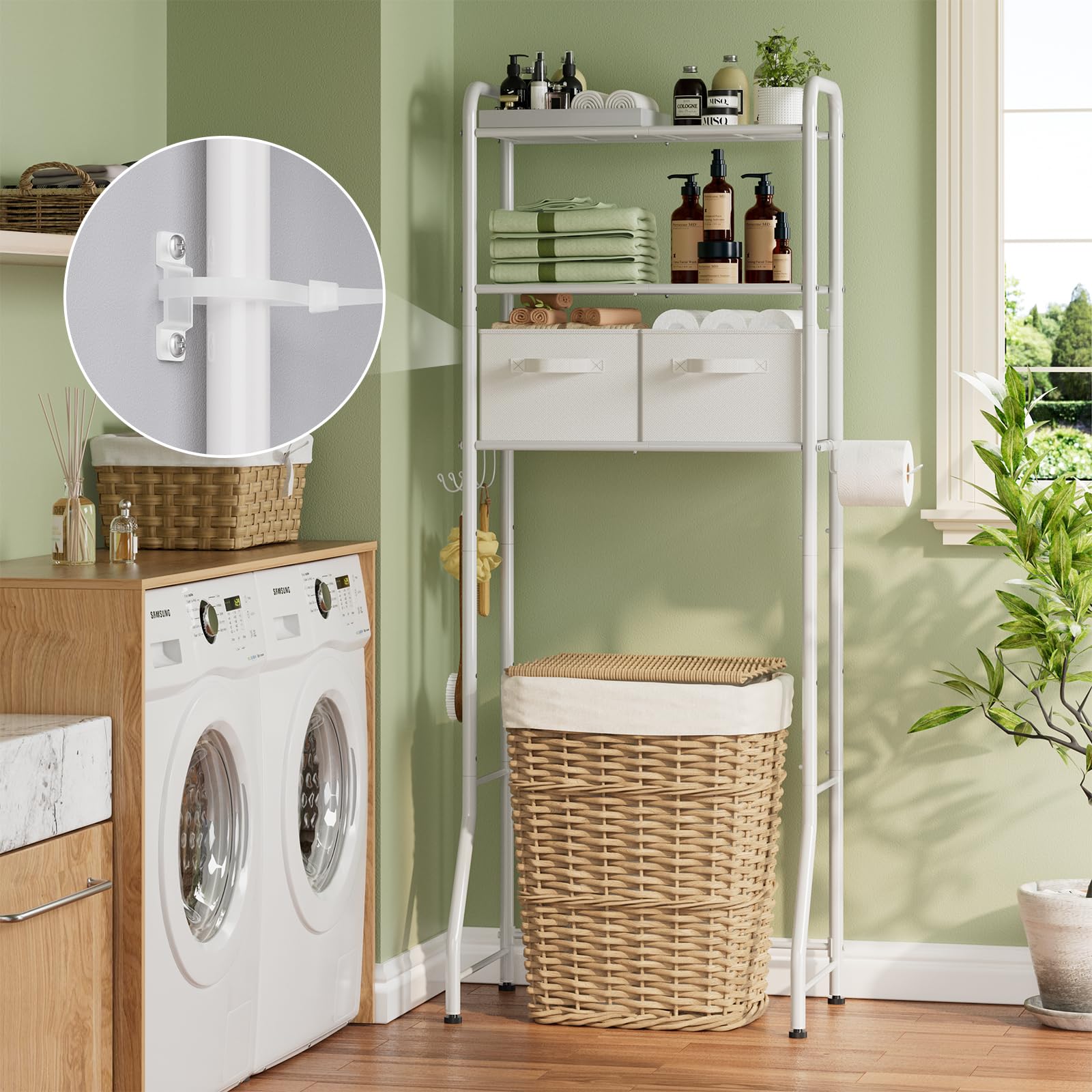 Simple Trending Over The Toilet Storage Rack with Drawers, Metal 3 Tier Bathroom Organizer Shelf with Paper Holder and 3 Hooks, White
