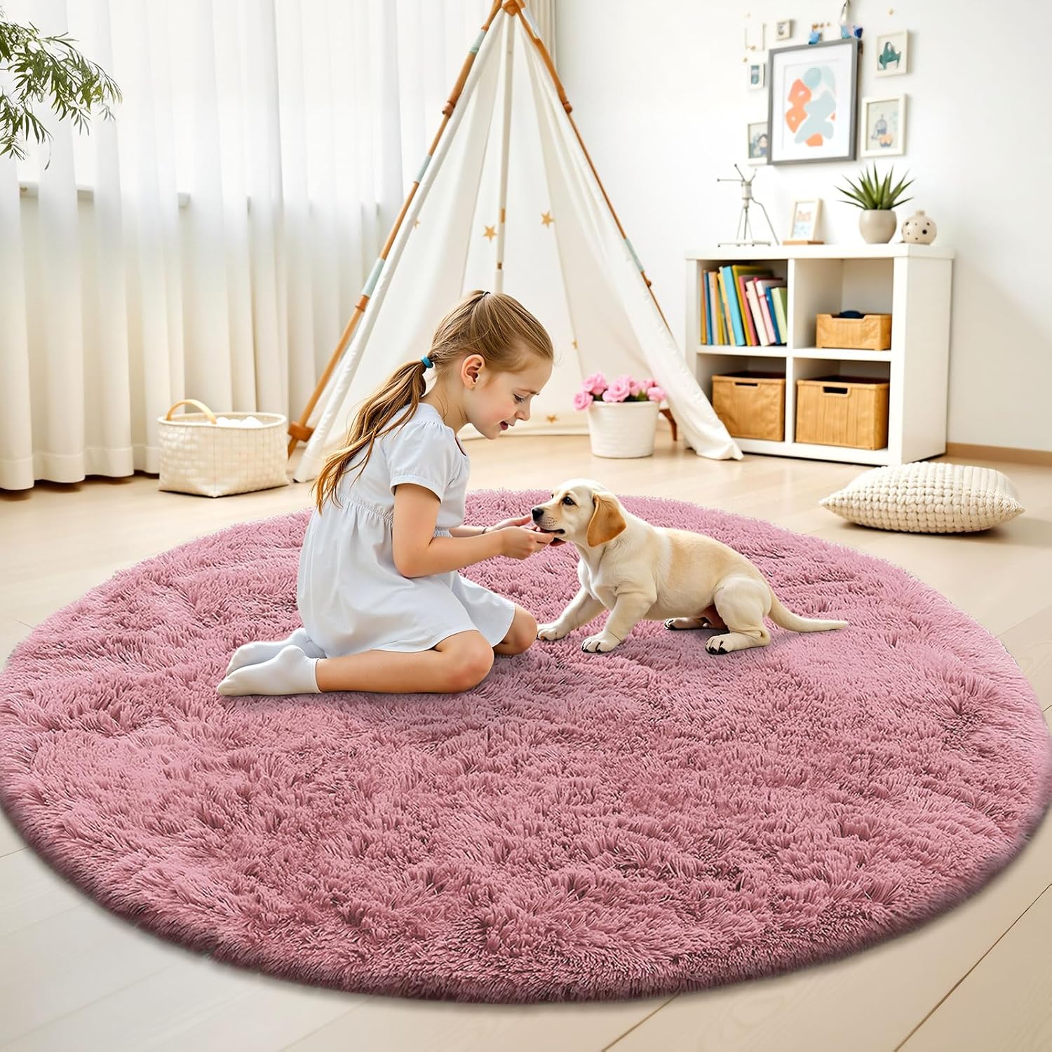 OLANLY Round Area Rug - Soft & Fluffy Pale Pink Shaggy Carpet | 5 ft Circle for Bedroom & Living Room Decor
