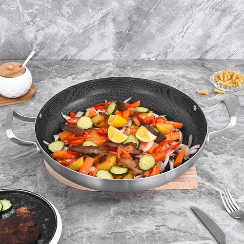 Inqibee 14-Inch Hybrid Tri-Ply Stainless Steel Paella Pan with Lid,Ceramic Non Stick Large Skillet,Induction Cooking Pan,Anti-Scratch,Dishwasher and Oven Safe