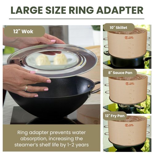 2-tier 12" Bamboo Steamer with Reinforcement & Handle, Reusable Silicone Liner & Accessories Kit For Cooking Dumpling, Baby Bao Bun, Dim Sum, Rice Potsticker Steaming Chinese Asian Food & Vegetables
