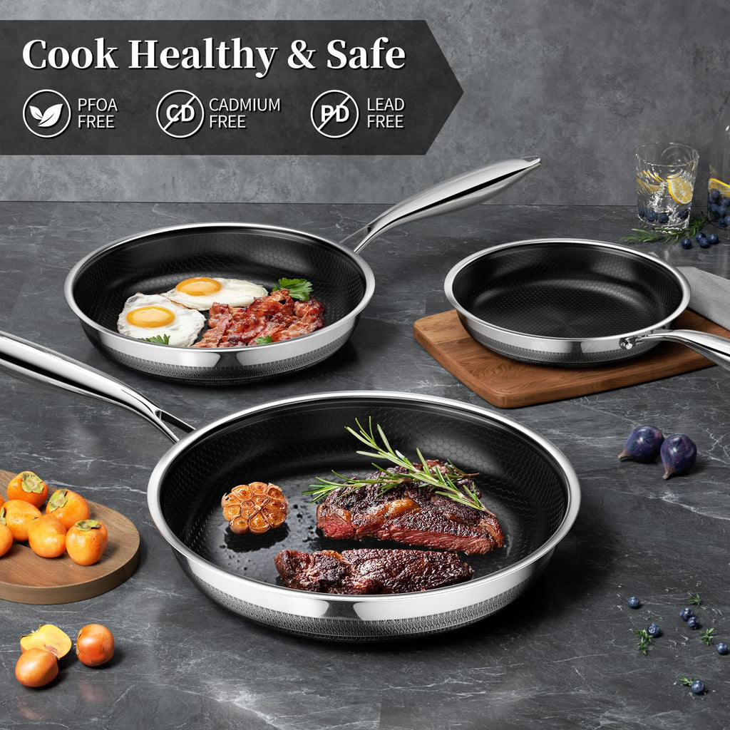 Innerwell Stainless Steel Frying Pans 11 Inch Titanium Ceramic Nonstick Frying Pans Hybrid Tri-Ply Nonstick Honeycomb Kitchen Cooking Pan Compatible with All Cooktops PFOA/PFAS/PTFE Free