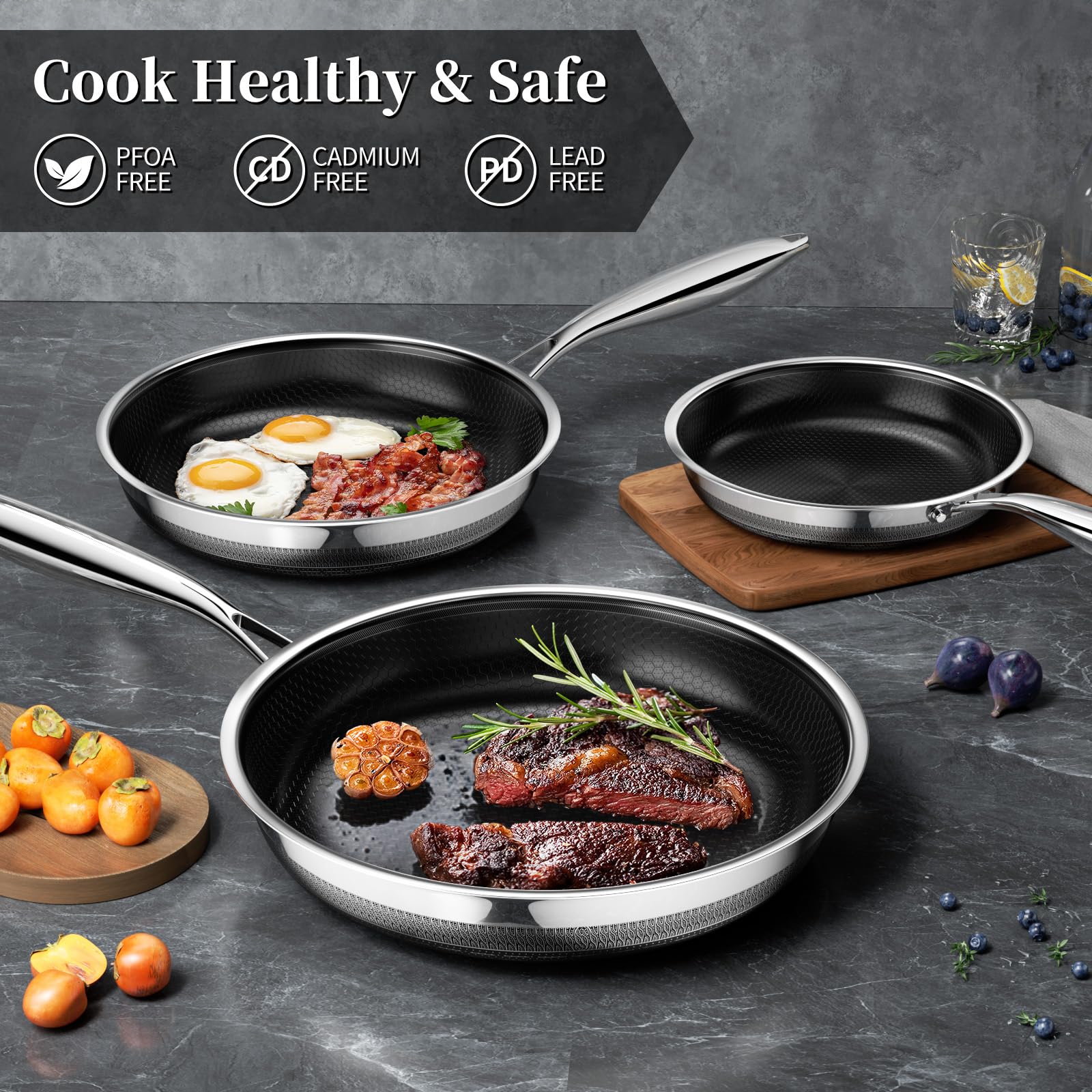 Innerwell Stainless Steel Frying Pans 11 Inch Titanium Ceramic Nonstick Frying Pans Hybrid Tri-Ply Nonstick Honeycomb Kitchen Cooking Pan Compatible with All Cooktops PFOA/PFAS/PTFE Free