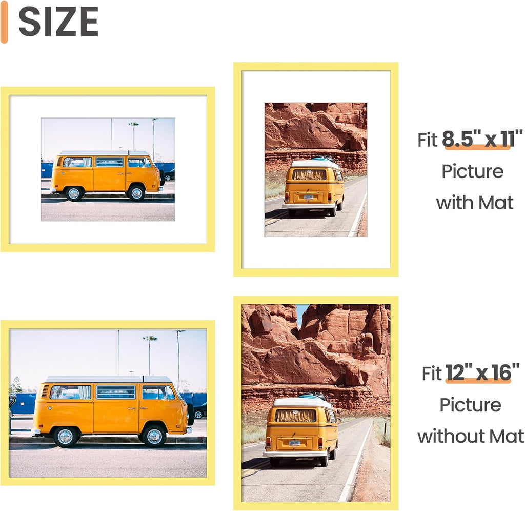 Upsimples 12x16 Picture Frame - Versatile Display for 8.5x11 Photos with Mat or 12x16 Without - Yellow, 1 Pack