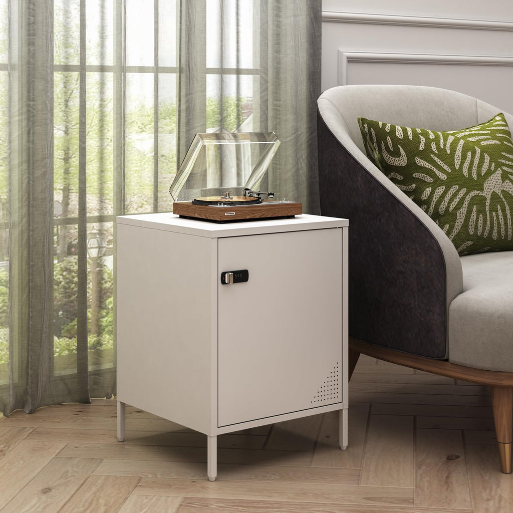 Steehoom Metal Locker End Table Single Door Nightstand Lockable Bedside Table Storage Cabinet for Bedroom, Dorm, 21.26”H X 15.75”W X 15.75”D (1 Door, White)