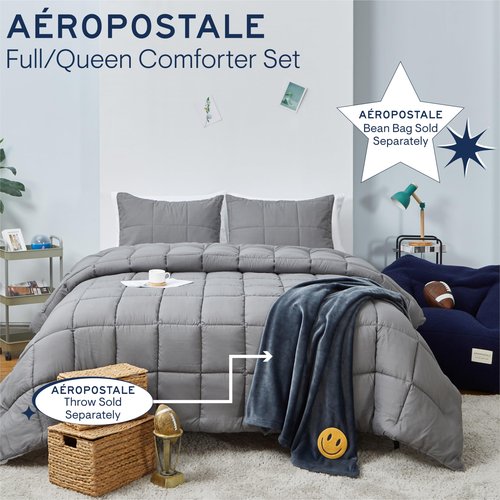 Aeropostale 3 Piece Quilted Box Stitch Bedroom Comforter and Matching Sham Set,Full/Queen,Gray
