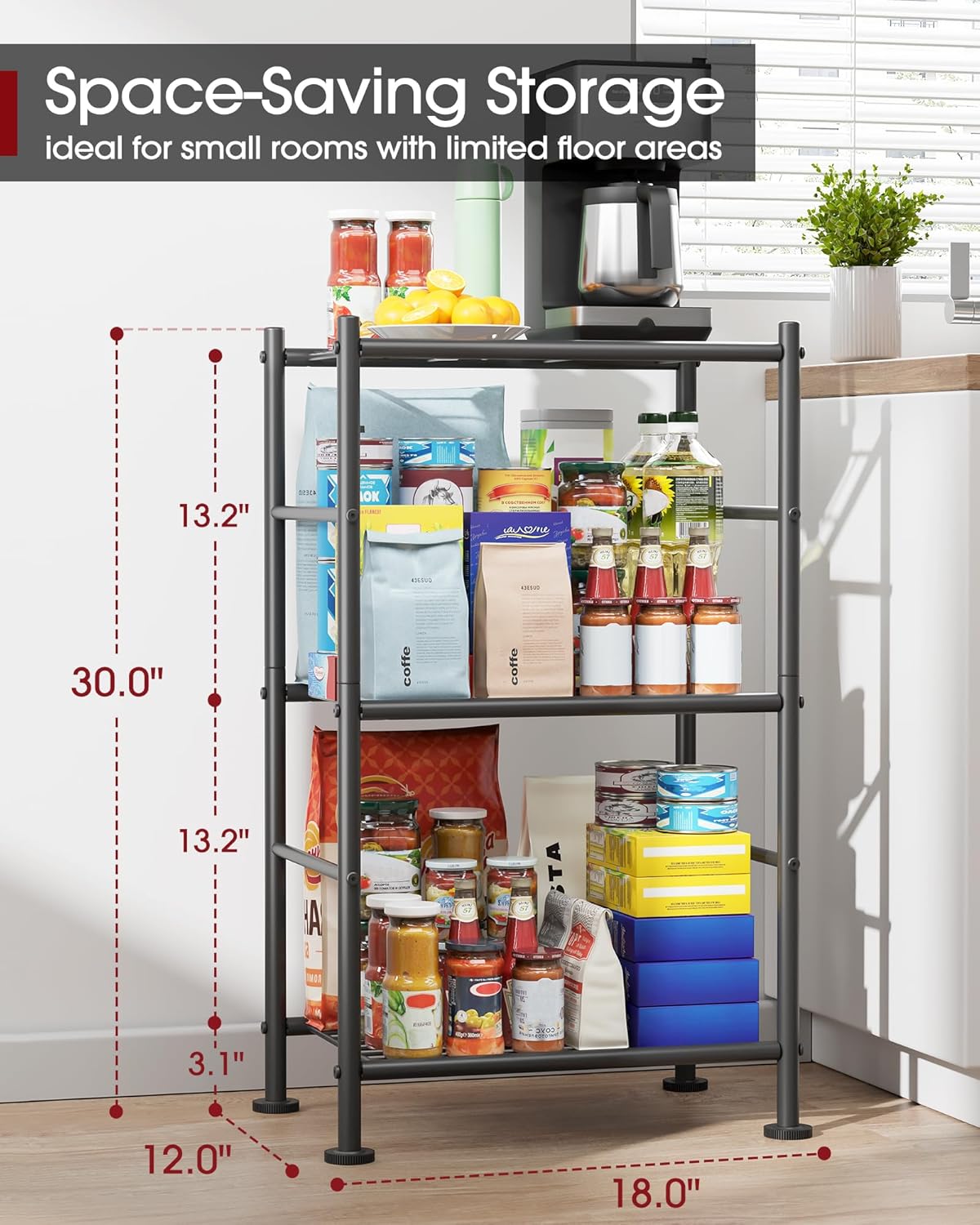 Sakugi Storage Shelves - Sturdy 3-Tier Metal Organizer with Adjustable Feet | Space-Saving for Pantry, Laundry, Kitchen (18" x 12" x 30", Black)