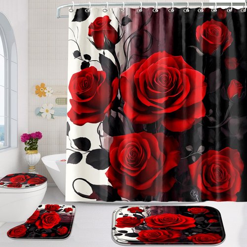 Poedist 4 Pcs Bathroom Shower Curtain Set,Red Black Rose Bathroom Set, Shower Curtain Sets with Rugs(Bath Mat,U Shape and Toilet Lid Cover Mat) and 12 Hooks