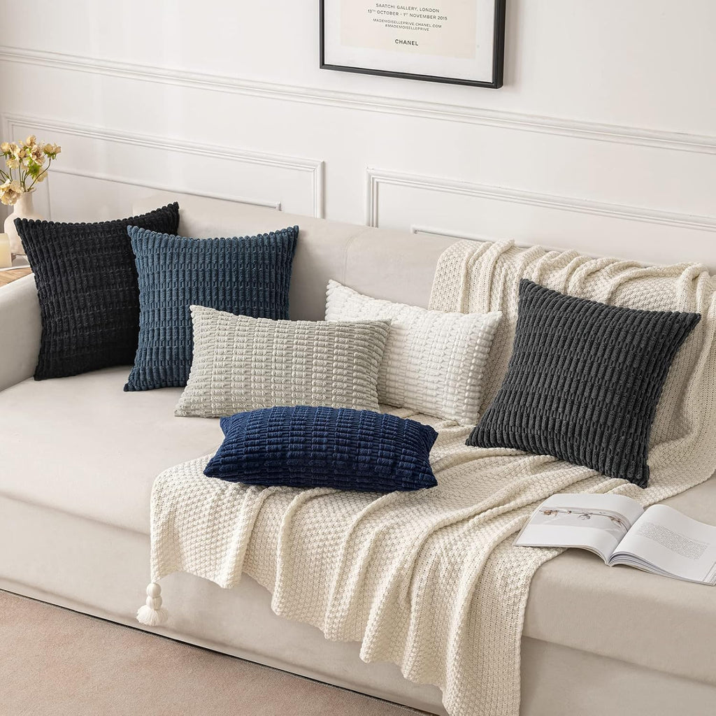 MIULEE Euro Sham Pillow Covers - Soft Corduroy Boho Striped Design | 24x24 Inch Pure White for Modern Home Decor
