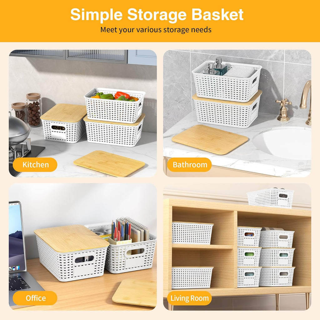 Skiennix Plastic Storage Baskets - Stackable Containers with Bamboo Lids & Labels | 6-Pack White