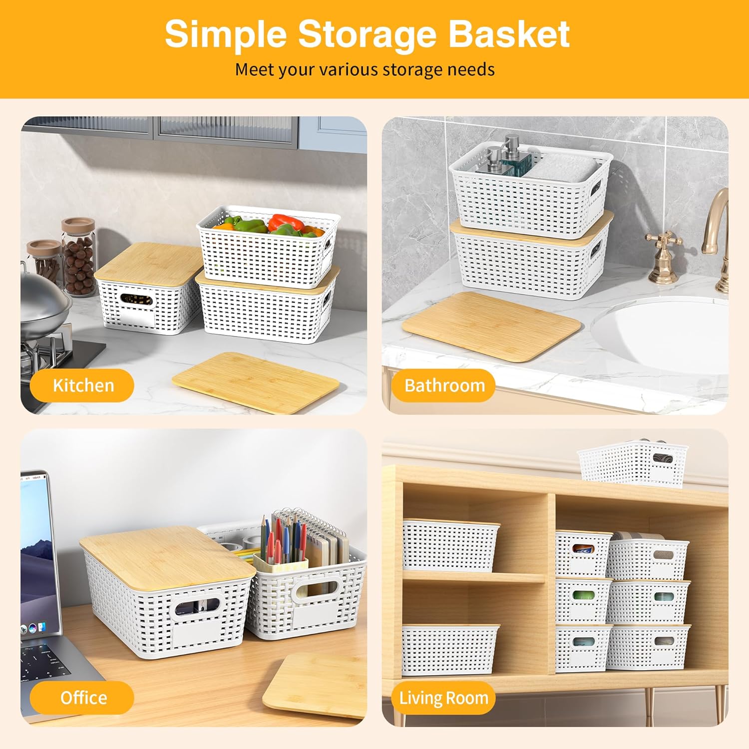 Skiennix Plastic Storage Baskets - Stackable Containers with Bamboo Lids & Labels | 6-Pack White