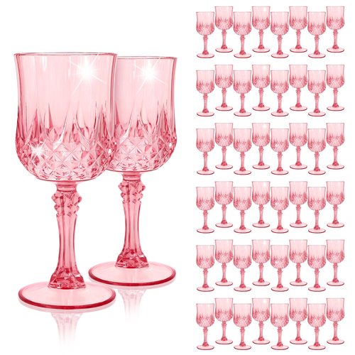 EVSGSONL 48Pack Pink Plastic Wine Glasses,Vintage Plastic Goblets for Parties, Pink Drinking Glasses Crystal Water Goblets Reusable for Wedding Reception, Grand Event Party Supplies