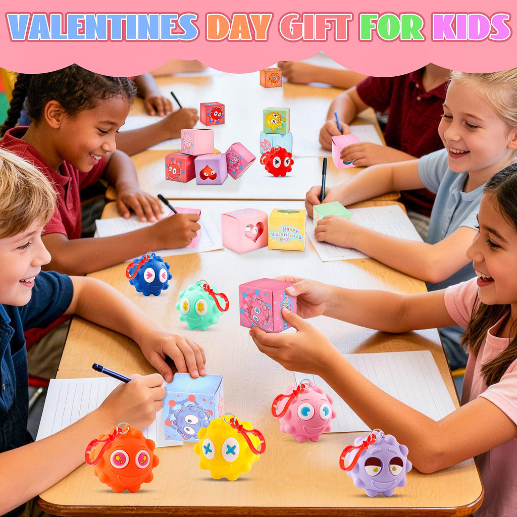 Valentines Day Gifts for Kids, 24 PACK Prefilled Valentines Box with 3D Pop Fidget Ball, Valentines Party Favors, Valentines for Class Boys Girls, Kids Valentines Day Gifts for School Classroom