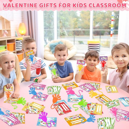 Valentines Day Cards for Kids School, 28 Packs Valentine Day Gifts with Cards for Kids Classroom with Funny Sticky Hands toys, Valentines Party Favors Exchange Gift for Boys Girls