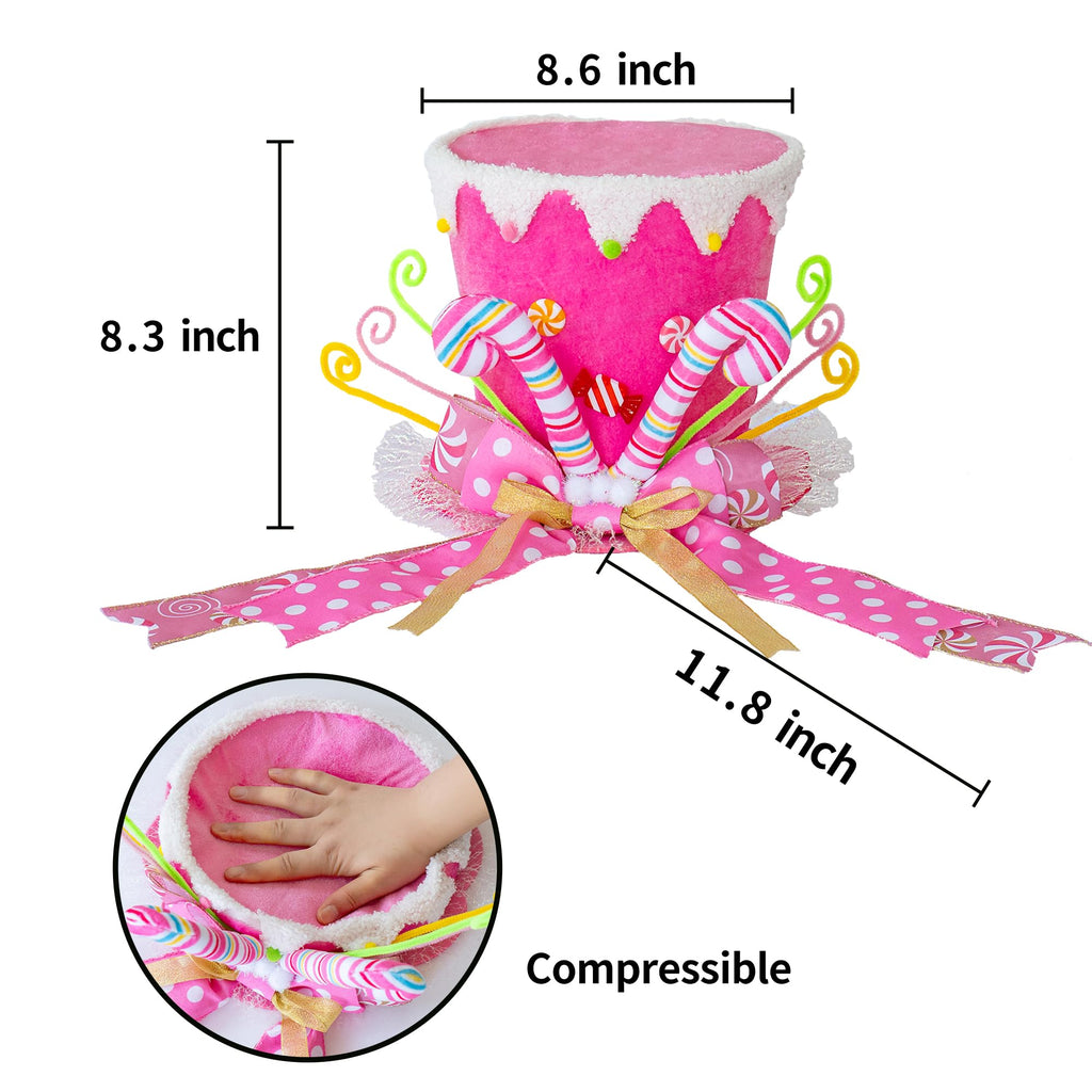 Christmas Tree Topper Hat, Candy Canes Tree Topper, Pink Tree Topper Christmas Decorations with Bow Ribbon Christmas Tree Ornaments for Home Decor