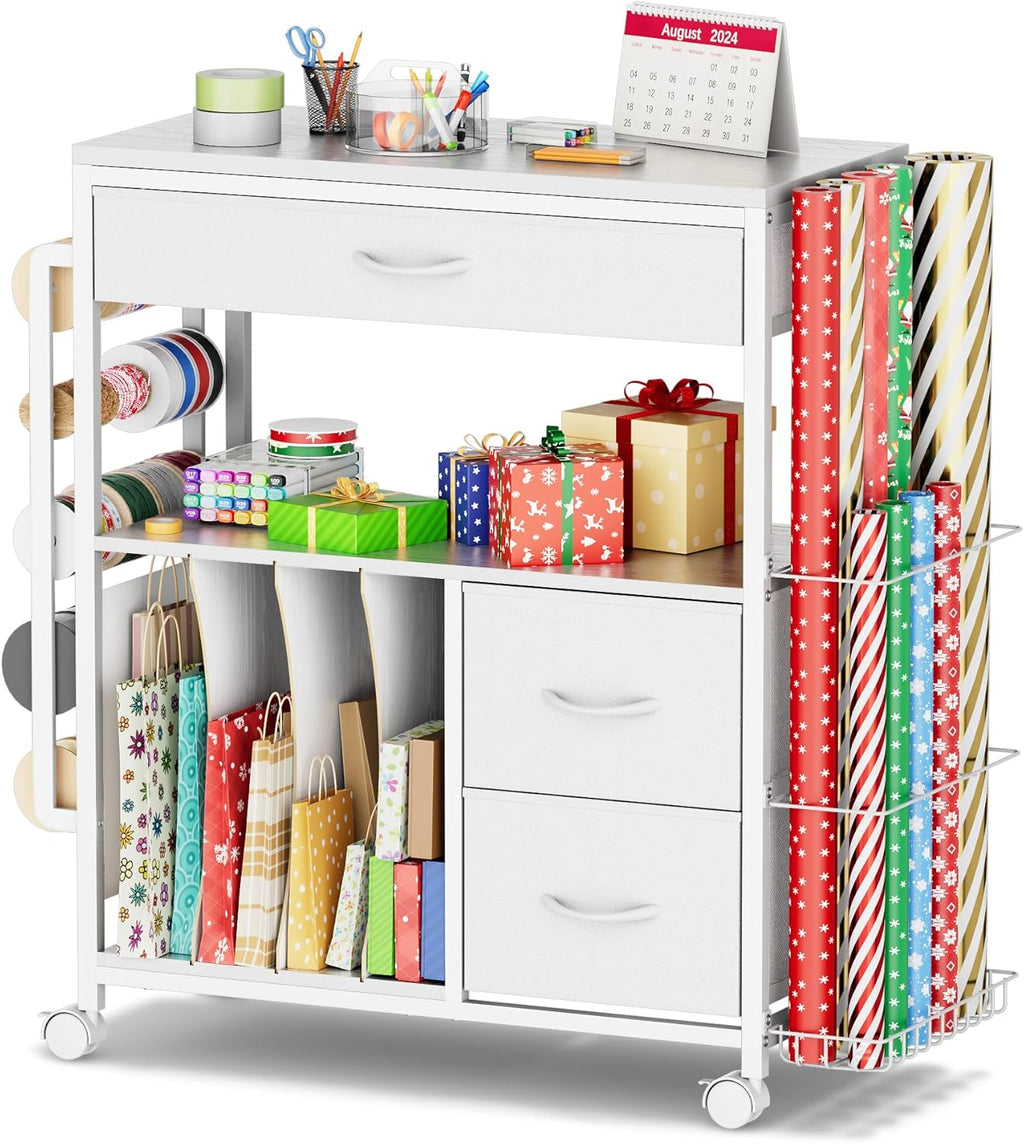 PUNLUXU Wrapping Paper Storage Cart - Rolling Gift Wrap Organizer with Ribbon & Bag Storage | Patent Protected Design