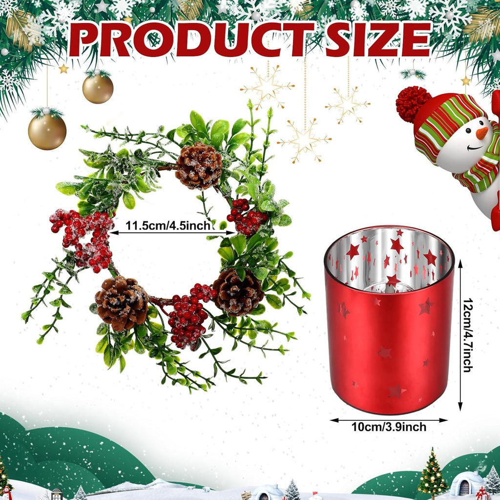 Sliner Christmas Glass Candle Holders - 4 Pcs 4.7 Inch Votive Holders with Berry Ring & Pinecone
