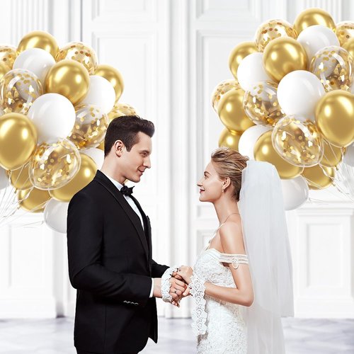 60pcs Gold & White Balloons - 12-Inch Metallic Confetti Balloons for Graduation, Wedding & Birthday Decor