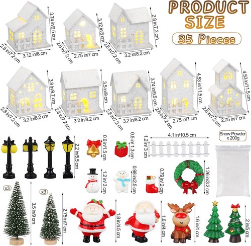 Fovths Christmas Village Set - 35 Lighted LED Houses with Mini Figurines & Fake Snow | Winter Decor